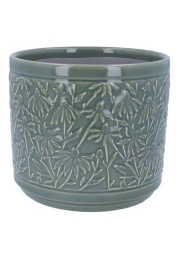 15.5Cm Diameter Green Rubdeckia Embossed Pot - Gisela Graham