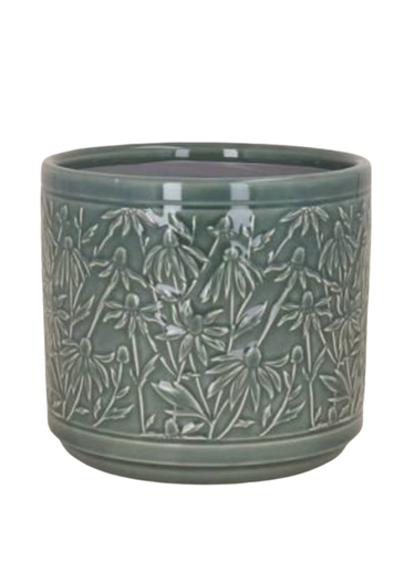 18Cm Diameter Green Rubdeckia Embossed Pot - Gisela Graham